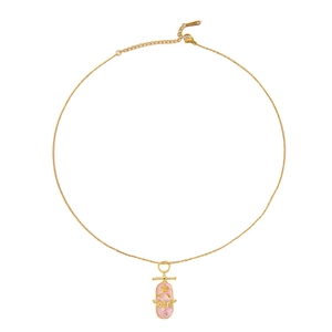 Detail of gold chain necklace with pink oval bee pendant and adjustable lobster clasp