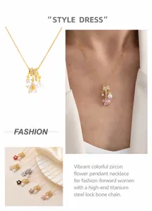 Detailed view of titanium steel necklace with colorful zircon five-petal flower pendants
