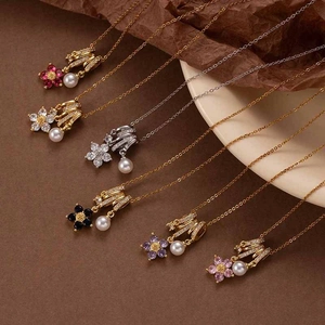 Flower Zircon Pendant Necklace With Artificial Pearl Titanium Steel Copper Dainty Versatile Jewelry For Women