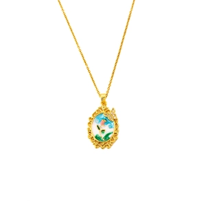 Collier tulipe ovale doré avec bords en dentelle et motif floral en émail coloré