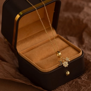 Celestial Sun Moon Star Pendant Necklace Golden Brass With Sparkling Zircon Exquisite Fashion Jewelry For Women