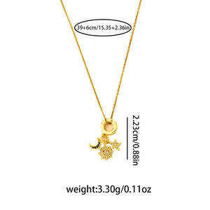 Detail of gold sunflower, moon and star necklace with size and weight dimensions