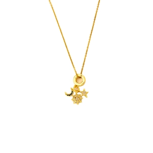 Gold celestial necklace featuring star, moon and sun charms with sparkling zircon pavé