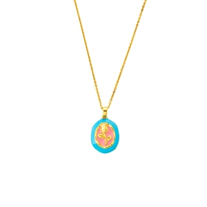 Elegant gold tulip enamel pendant necklace with pink rose relief on white background