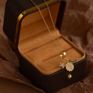 Celestial Sunflower Star Moon Pendant Necklace For Women Copper Zircon Golden Plated Trendy Clavicle Chain Jewelry Gift