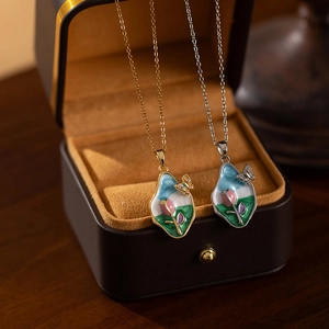 Stainless Steel Enamel Tulip Flower Butterfly Irregular Oval Pendant Necklace French Style Jewelry For Women