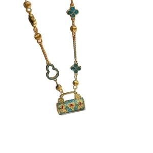 Collier avec cadenas en émail bleu trèfle à quatre feuilles et pendentif gourde
