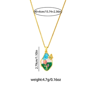 Detail of enamel flower necklace with butterfly charm showing 40+6cm chain length dimensions