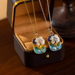 Monet Garten Blume Anhänger Halskette Edelstahl Emaille Kunstperle Französisch Vintage Ölgemälde Schmuck Für Frauen