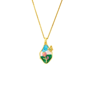 French style gold enamel flower necklace with irregular oval pendant and golden butterfly