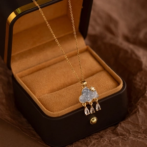 Stainless Steel Blue Cloud Tassel Zircon Pendant Necklace Gold Silver Plated Raindrop Star Dainty Necklaces For Women Jewelry