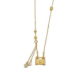 Collier pendentif cadenas trèfle doré avec cristal étincelant et gravure florale fine