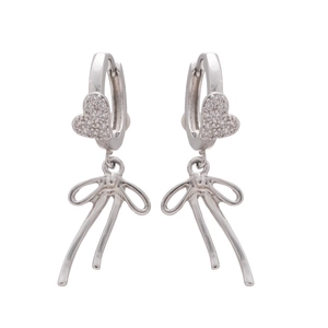 Elegant silver bow heart earrings with sparkling zircon crystals and ribbon charms