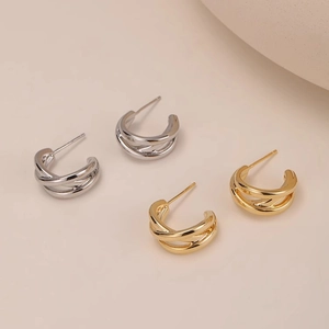Geometric C Shape Stud Earrings Intertwined Double Layer Brass Jewelry With 925 Sterling Silver Earring Post For Women