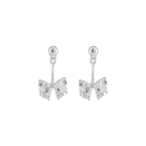 Silver bow-shaped earrings with marquise-cut zircons on a white background