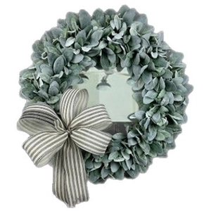 Artificial white lamb's ear and eucalyptus wreath with a black and white striped bow