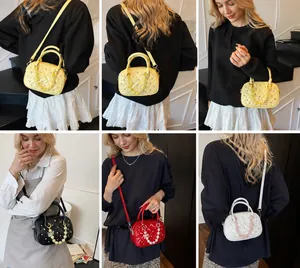 Quilted mini bowling bags with pearls and studs in yellow, black, red and cream colors