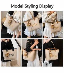Detailed views of large canvas bucket tote bag with Paris print and cute bear charm