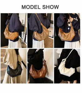 Detail shots showing oversized faux leather dumpling bags in tan, black, and beige colors