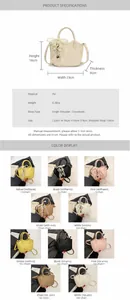 Detailed spec sheet showing PU leather handbag dimensions and diverse color options