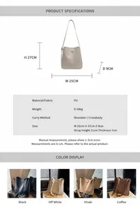Tableau des tailles et options de couleurs pour le grand sac seau en cuir PU