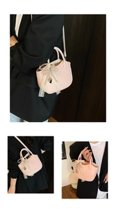 Pink lychee grain leather bag with lace bow and pearl charm shown from multiple angles