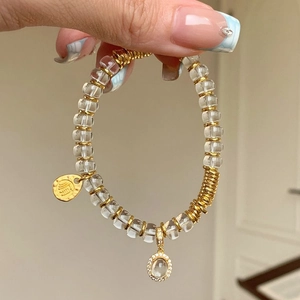 White Crystal Beaded Bracelet Copper Coin Charm Rhinestone Pendant Elegant Hand Jewelry Fashion Accessories For Women