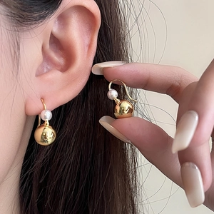 Elegant Copper Hook Earrings With White Imitation Artificial Pearl And Polished Metal Ball For Women Minimalist Style Jewelry