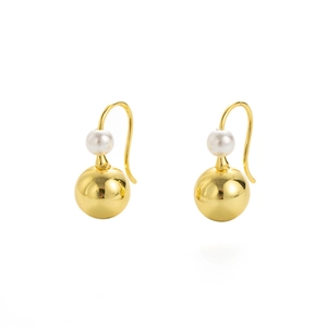 Elegant gold drop earrings with white pearl and polished metal sphere for a modern look