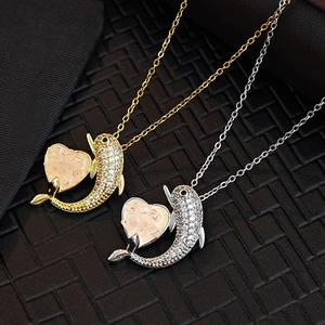 Dolphin Heart Pendant Necklace Titanium Steel Zircon Pink Gemstone Jewelry Accessory For Women Elegant Chic Minimalist