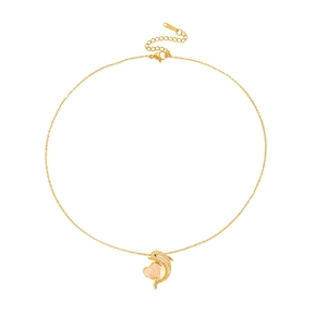 Gold dolphin heart necklace with pink zircon stone and sparkling pavé crystal details