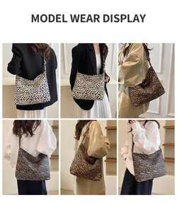 Detailed views of leopard print tote bags shown in multiple lifestyle and fashion outfits