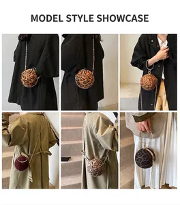 Detailed views of women's leopard print spherical evening bag with metal ring handle
