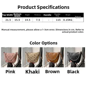 Tableau des tailles et dimensions détaillées pour le sac bandoulière en quatre couleurs