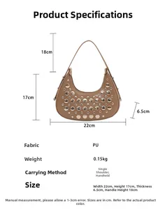 Size chart and technical specifications for the studded PU leather bucket shoulder bag