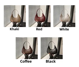 Collage of studded crescent hobo bags in khaki, burgundy, white, brown and black