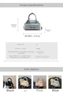 Detail specifications of a stylish PU leather handbag with lace trim and bow decorations
