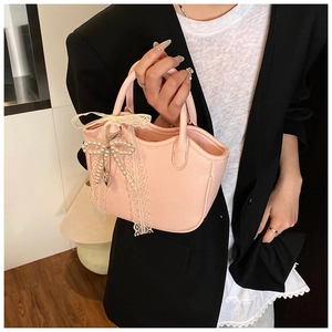 Sweet pink mini handbag with lace bow and pearl pendant, elegant tote for dates