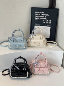 Women Korean Style PU Leather Small Square Bag Lace Bowknot Decor Handbag Sweet Ribbon Shoulder Crossbody Bag Daily Versatile