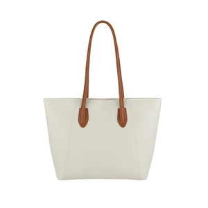 Sac cabas minimaliste en cuir crème avec anses marron et silhouette trapèze élégante