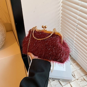 Burgundy tinsel evening bag with gold metal handle and chain strap for women
