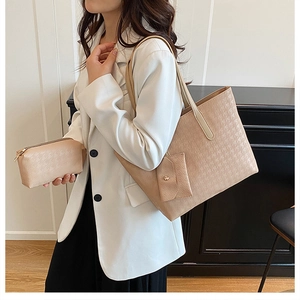 Three-piece apricot tote bag set with houndstooth textured PU leather on model