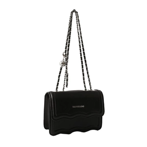Chic black flap crossbody bag with wavy edges and metal chain strap on white background