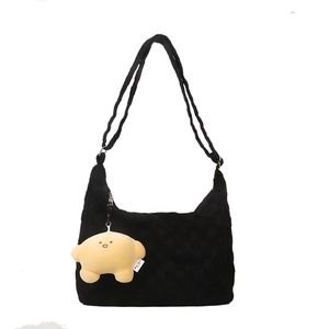 Black checkered tote bag with large capacity and a yellow star plush charm for women