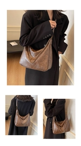 Detailed views of a vintage brown leather hobo bag with antique gold chain and strap