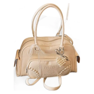 Borsa a mano Boston in pelle PU bianco crema con fiocco in pizzo e ciondolo di perle