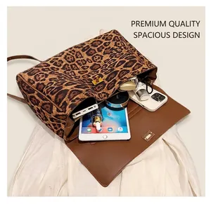 Interior view of leopard print tote bag showing large capacity for tablet and cosmetics