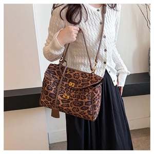 Fashionable leopard print crossbody bag with gold metal latch shown on a model