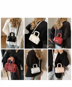 Six colors of mini Boston bags shown in a multi-grid view on models for size comparison