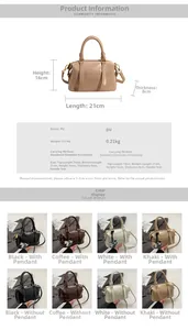 Detailed spec sheet showing PU leather Boston bag dimensions and multiple color options